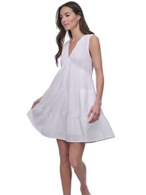 DKNY White Sleeveless Tiered V-Neck Dress